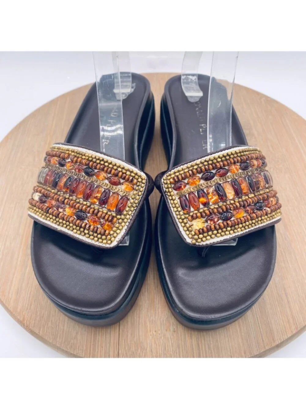 Donald Pliner Sandals Womens 6 Brown Leather Beaded Slides Luxury Italy
